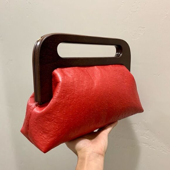 Vintage Style Handmade Genuine Embossed Leather Large Wooden Frame Bag/Crossbody - Picture 5 of 16